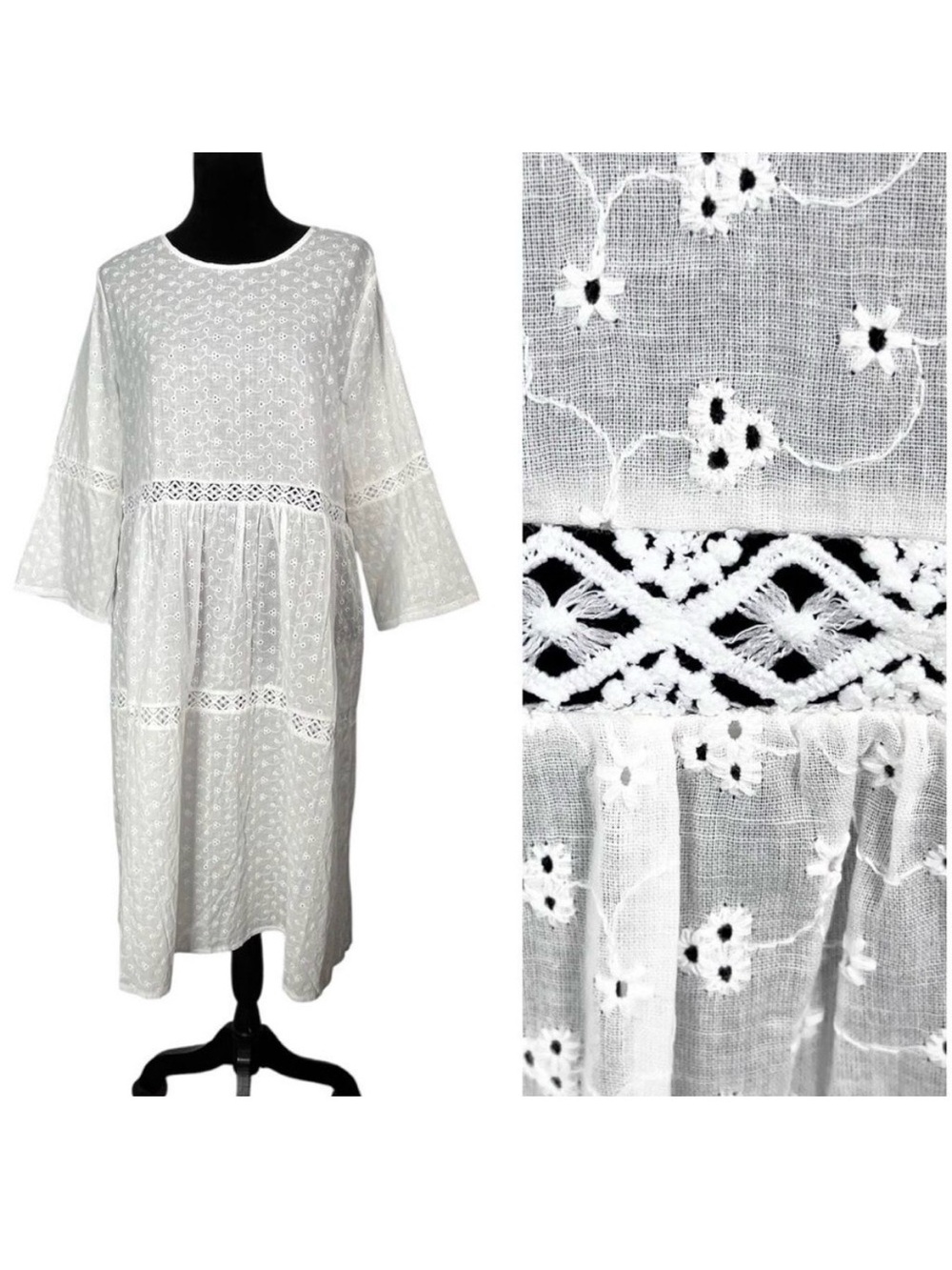 Misslook White Eyelet Dress Cotton Tiered Peasant Prairie Lace Boho Cottage Midi